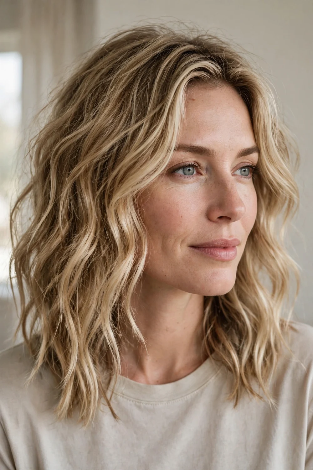 Woman with tousled loose beach waves
