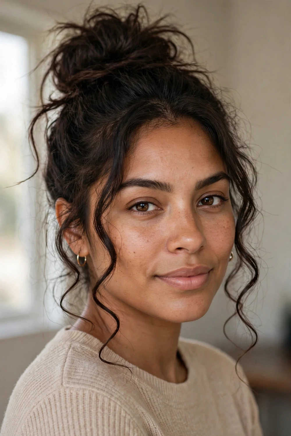 Woman with a high messy bun and curled face-framing tendrils
