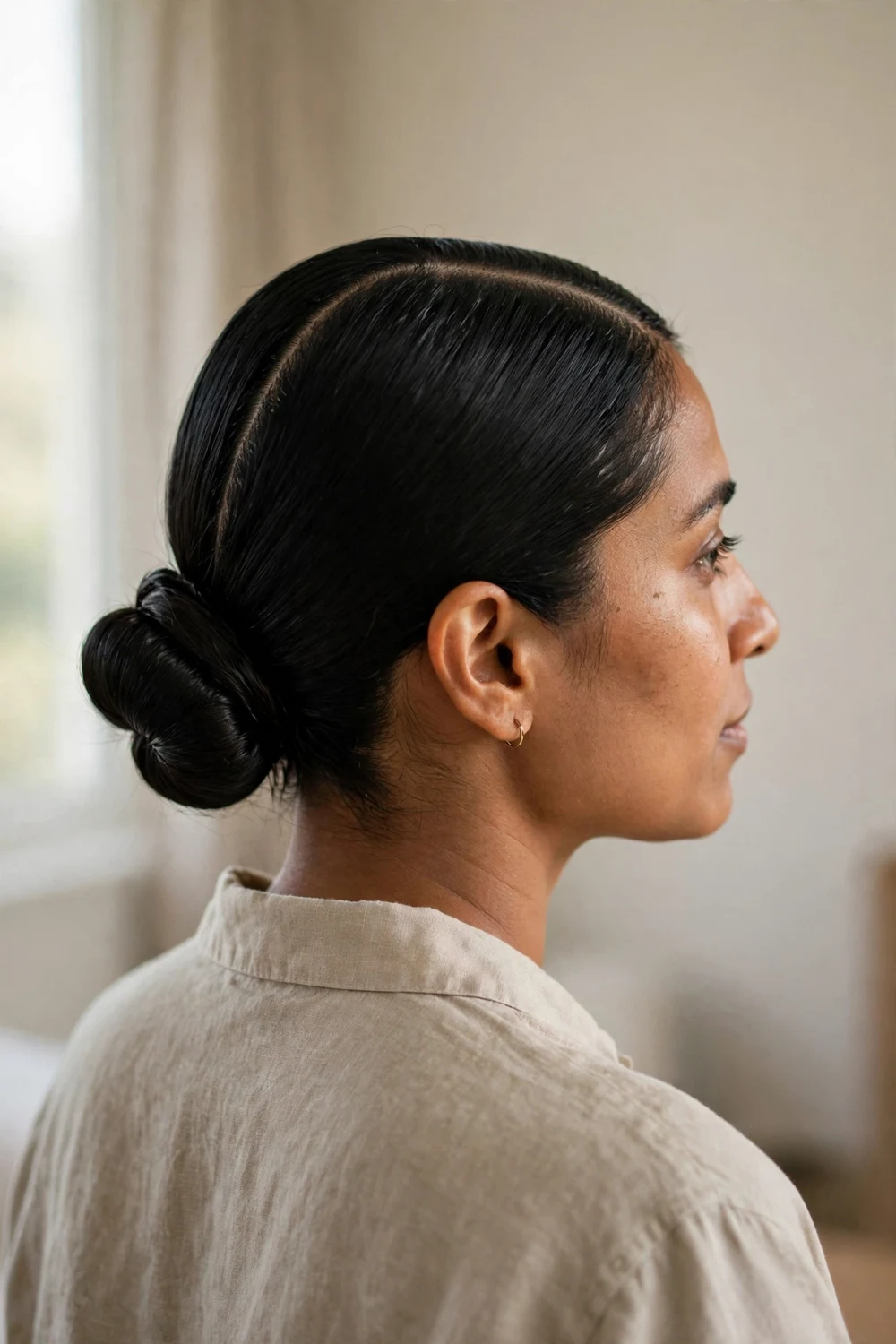 Woman with a middle part and a low sleek bun