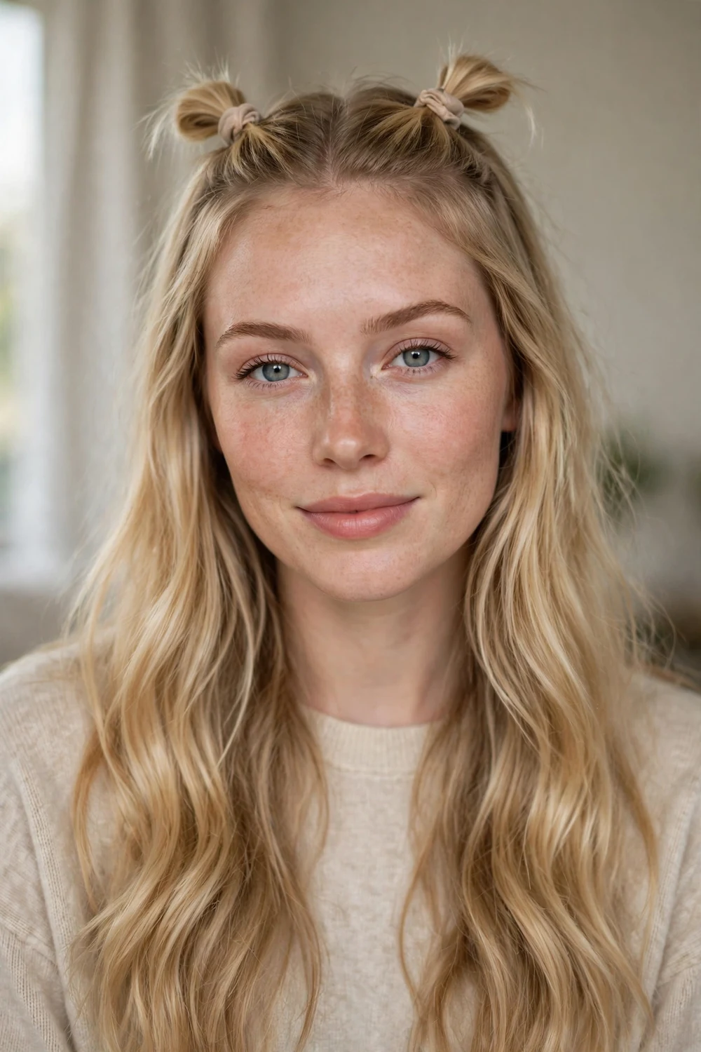Woman with two mini pigtails on top and the rest of her hair down