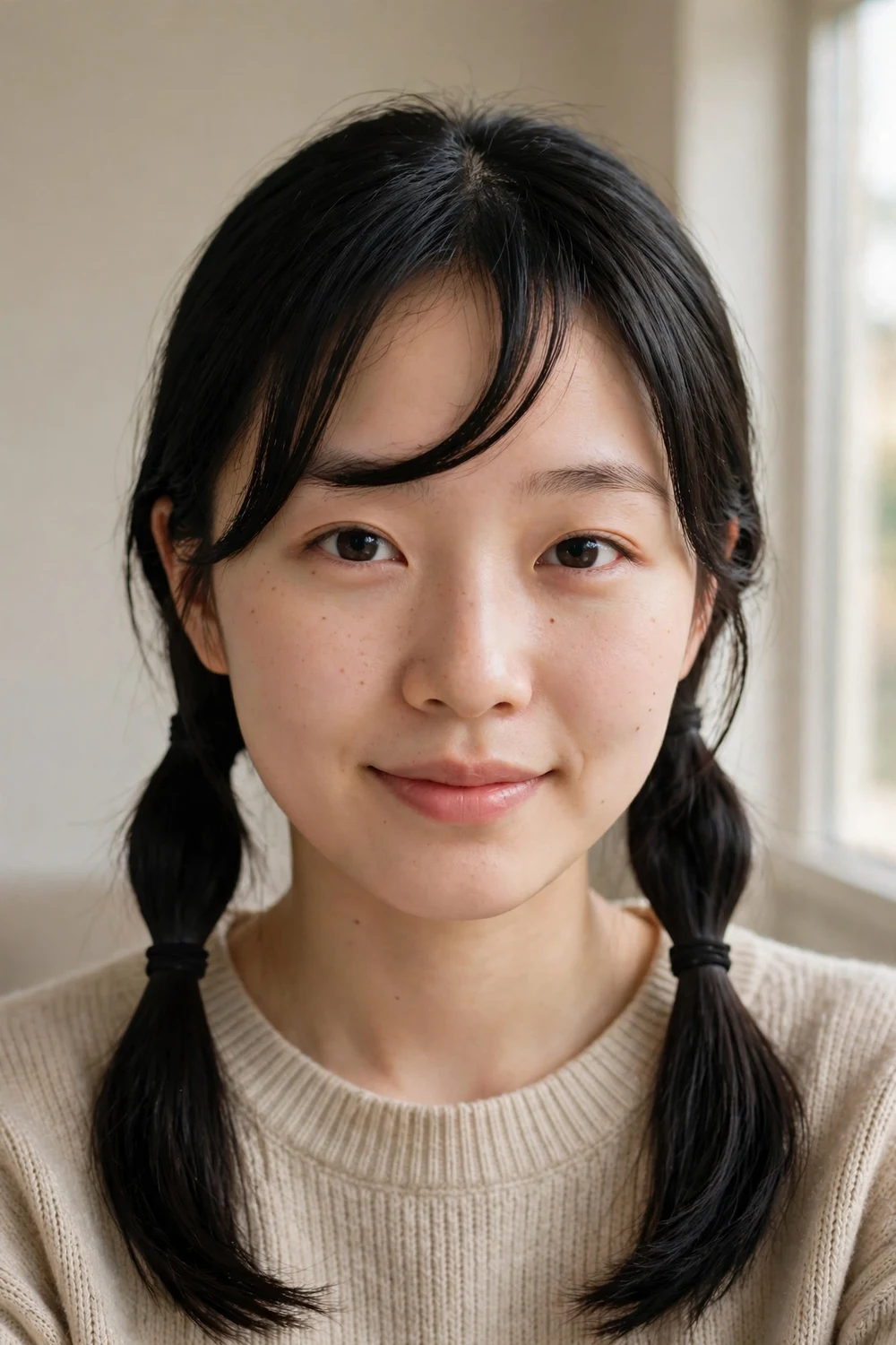 Woman with two pigtails and a curved swoop fringe