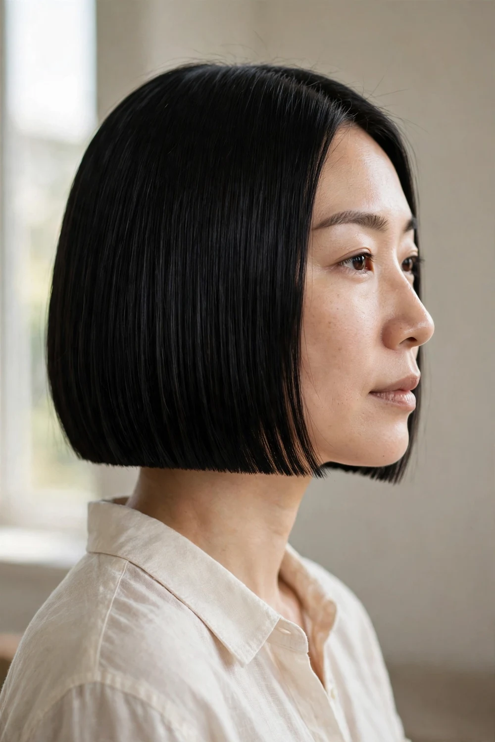 Woman with a sharp blunt bob cut with clean lines