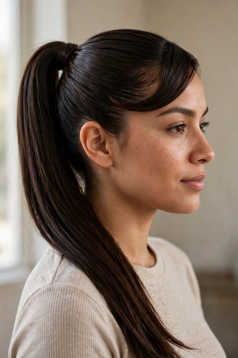 Woman with a sleek high ponytail, smooth roots and laid edges