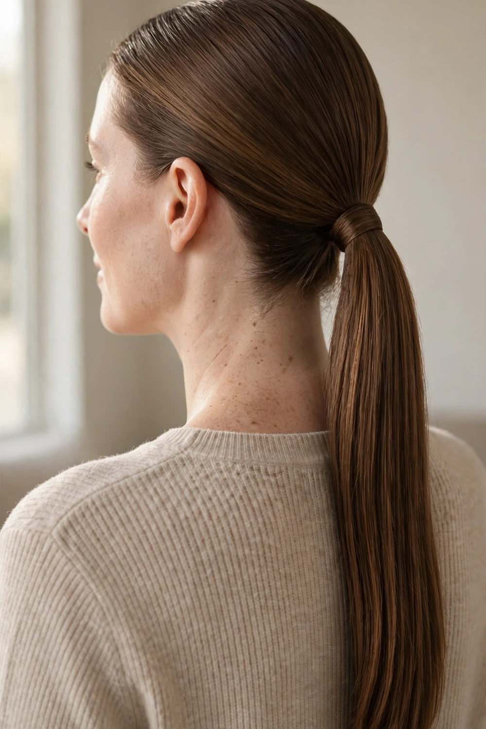 Woman with a sleek low ponytail at the nape