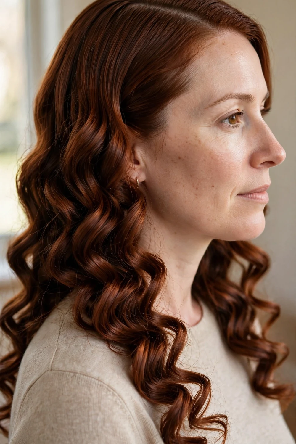 Woman with a deep side part and glossy vintage-style curls