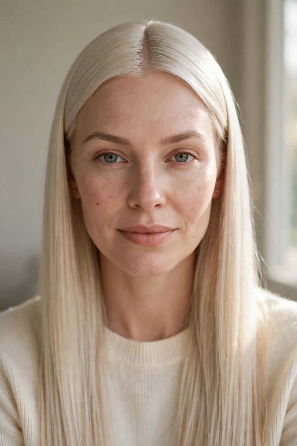 Woman with pin-straight hair and a sharp middle part