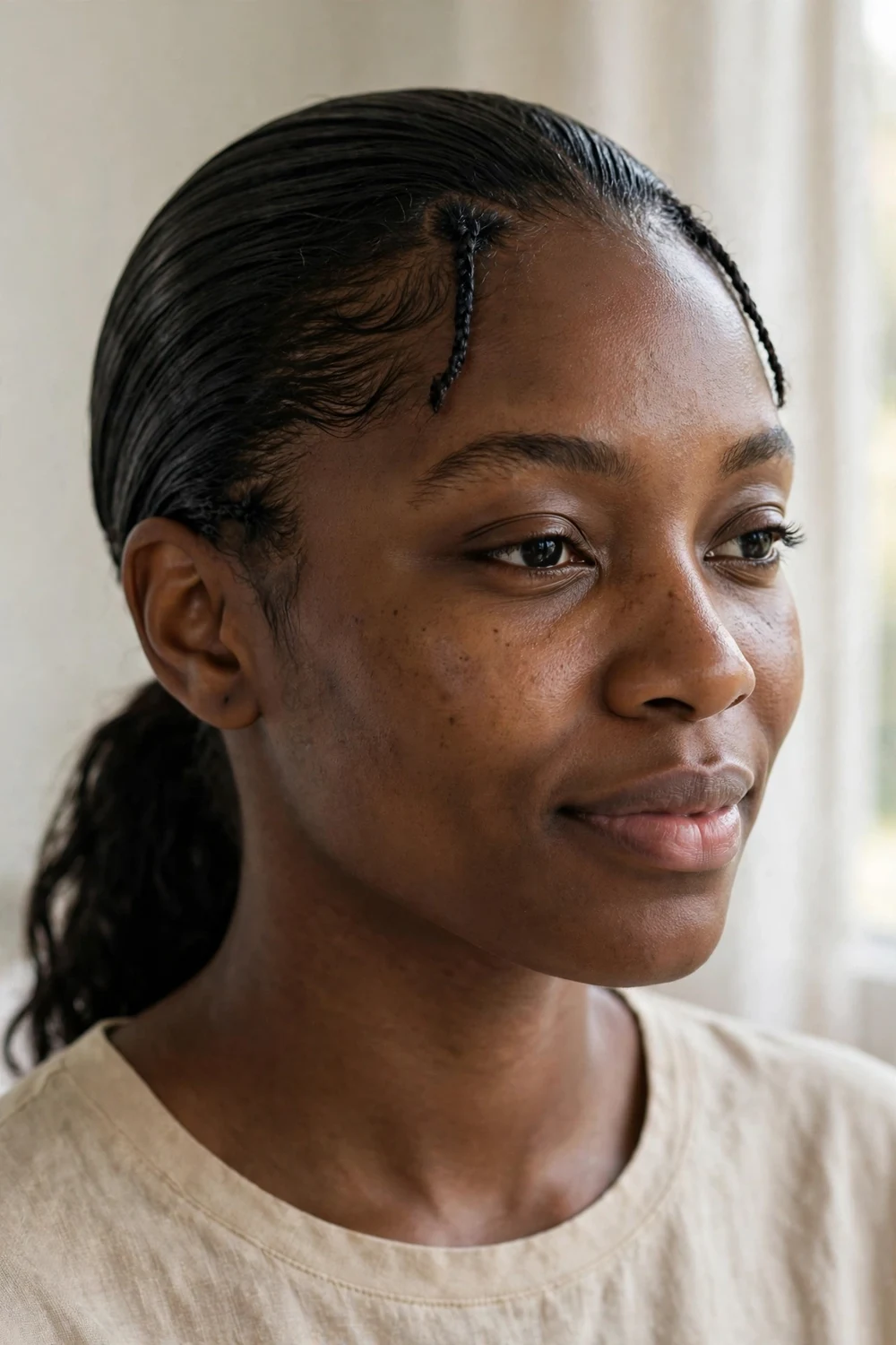 Woman with slicked-back hair and two accent braids