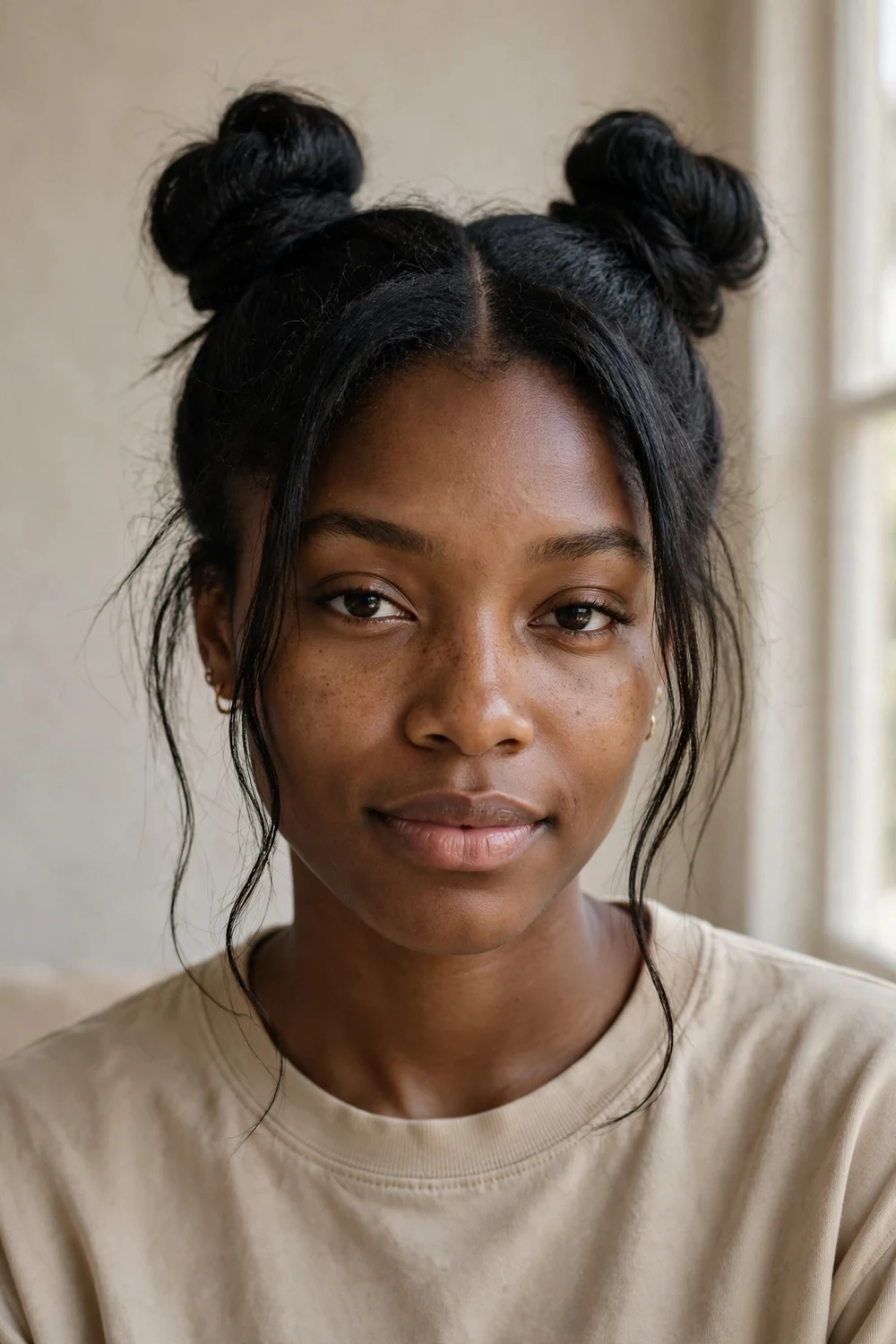 Woman with two high space buns and a middle part