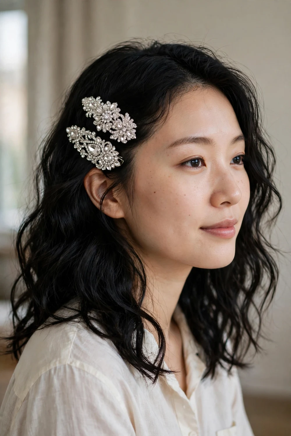 Woman with loose wavy hair and oversized rhinestone hair clips
