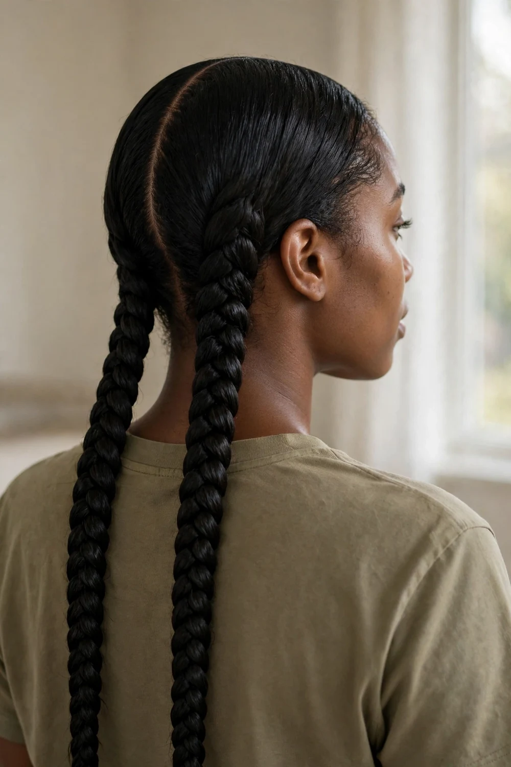 Woman with two long sleek braids with added extensions