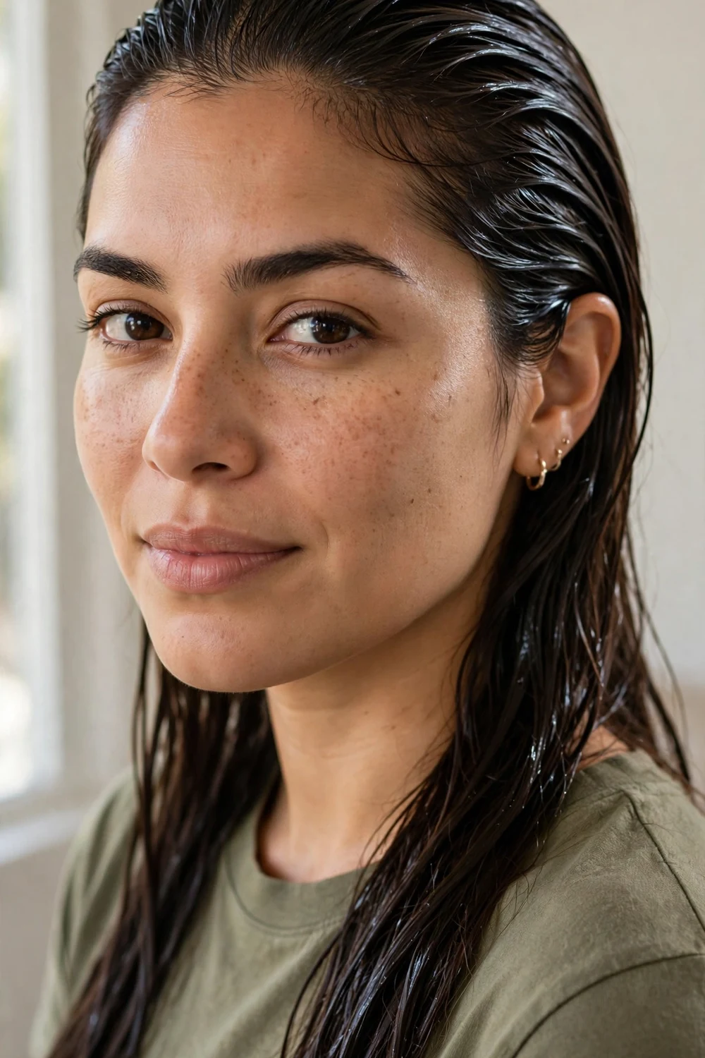 Woman with a glossy wet-look hairstyle slicked back