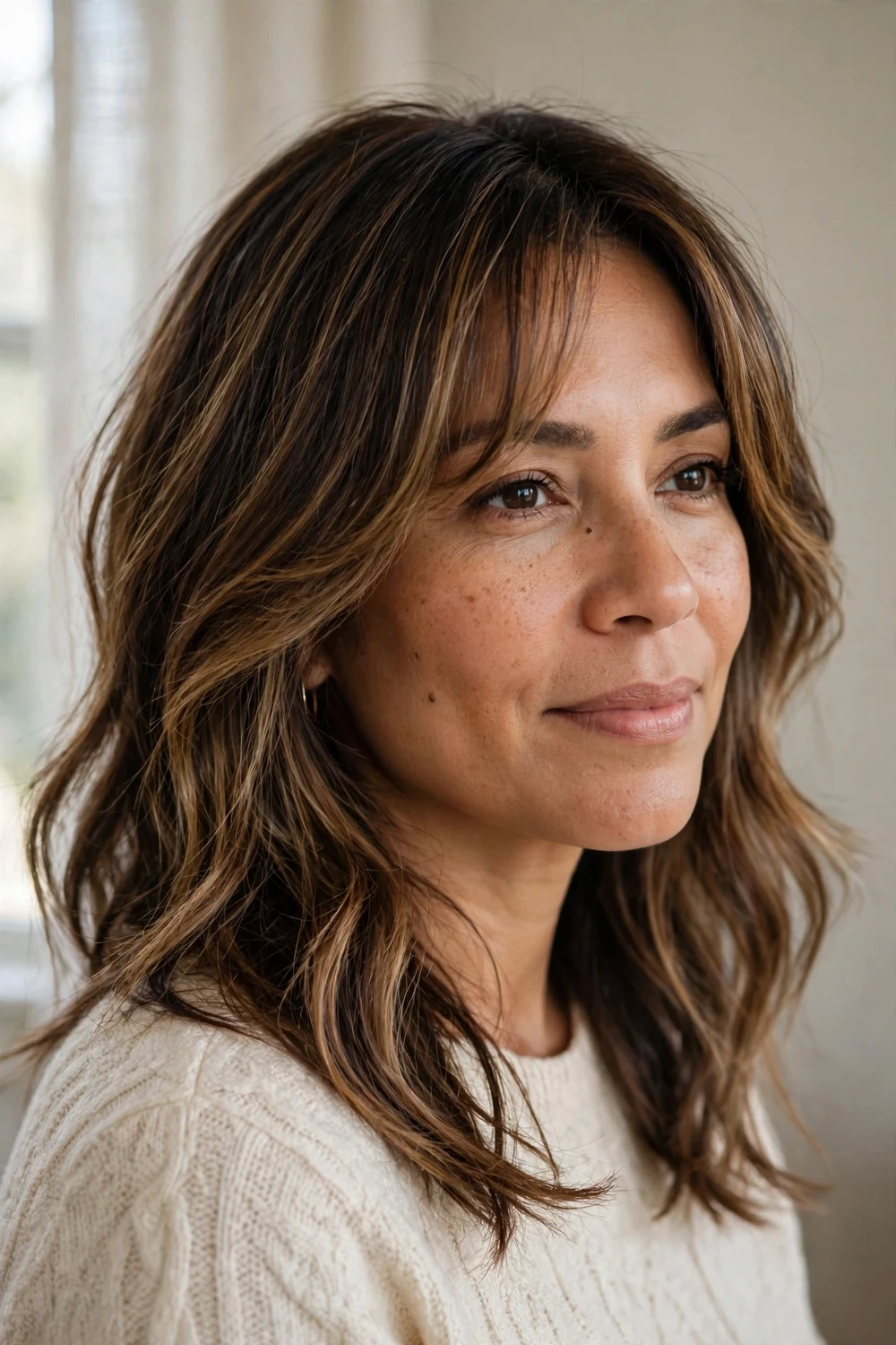 Balayage-blended curtain bangs with natural movement on fine hair