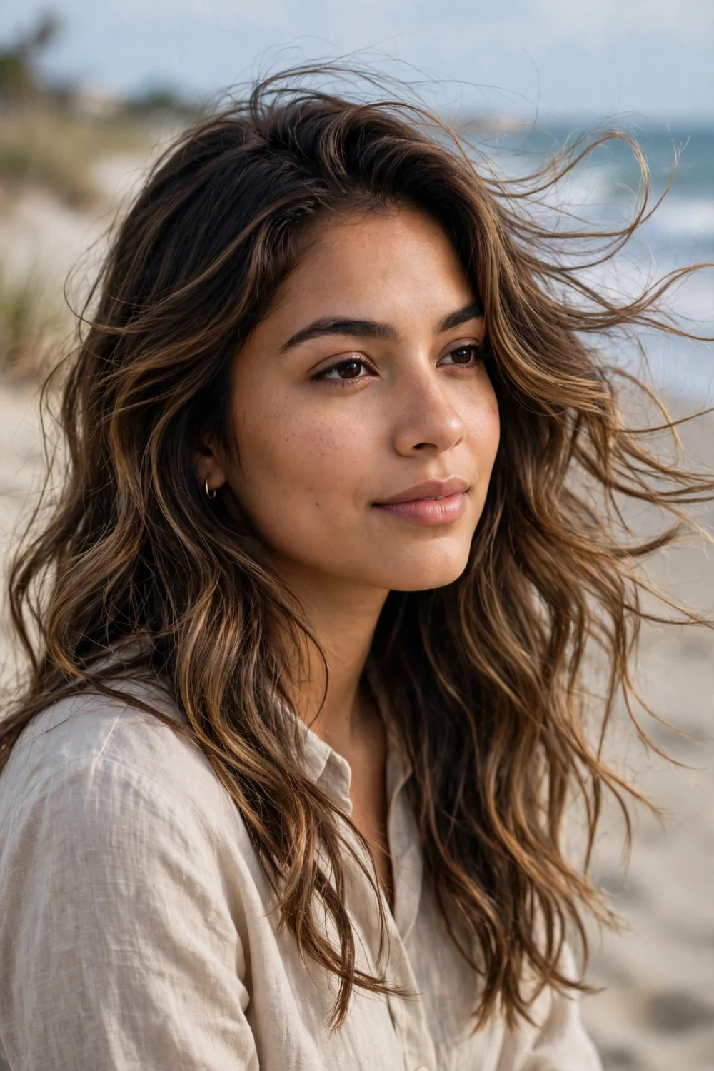 Woman with softly blended balayage on long wavy hair