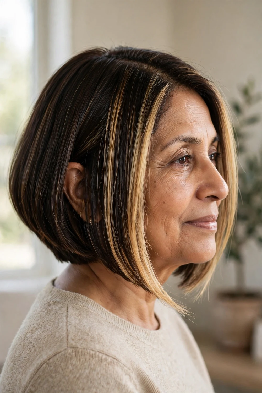 A-line bob with balayage on a woman over 50, longer front pieces with hand-painted color