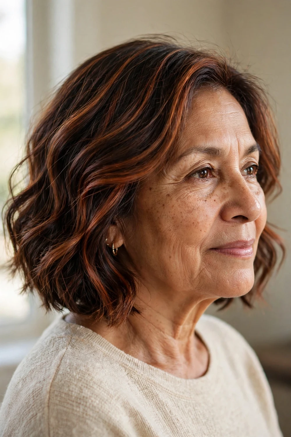 Auburn balayage bob for women over 50, warm auburn ribbons on dark hair