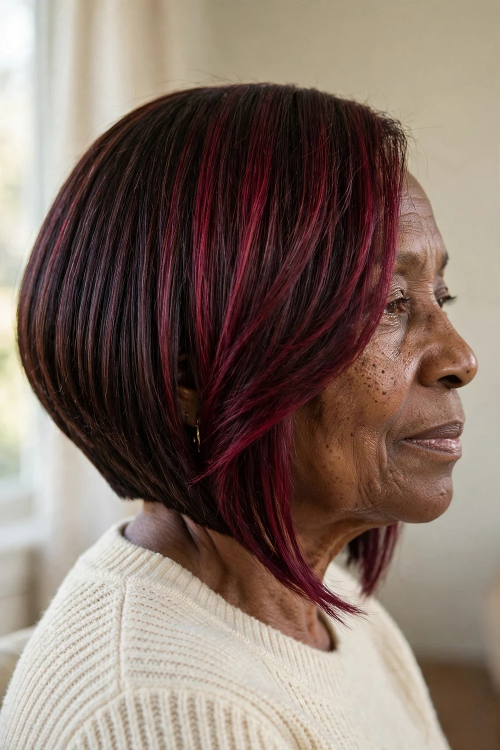 Angled bob with burgundy balayage for women over 50, deep red balayage on angled cut