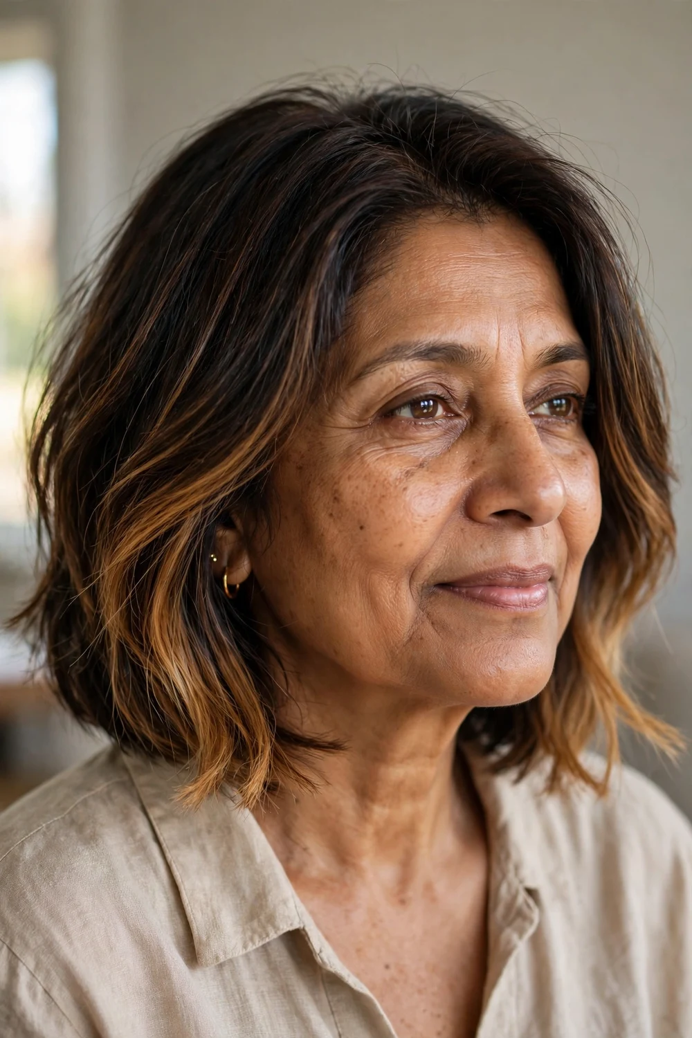 Caramel balayage bob with rich caramel ends on dark brown hair, woman over 50
