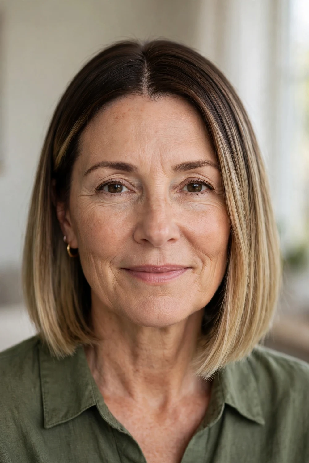Classic blonde balayage bob on a woman over 50, medium blonde hand-painted pieces over a dark base