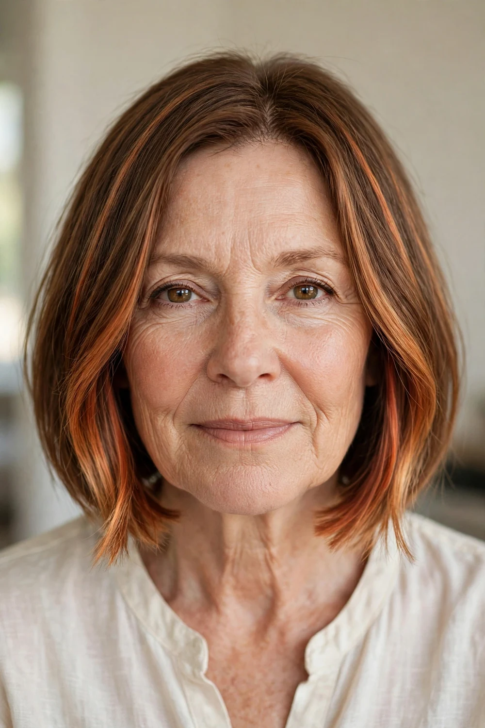 Copper balayage bob on a woman over 50, warm copper pieces through a bob cut