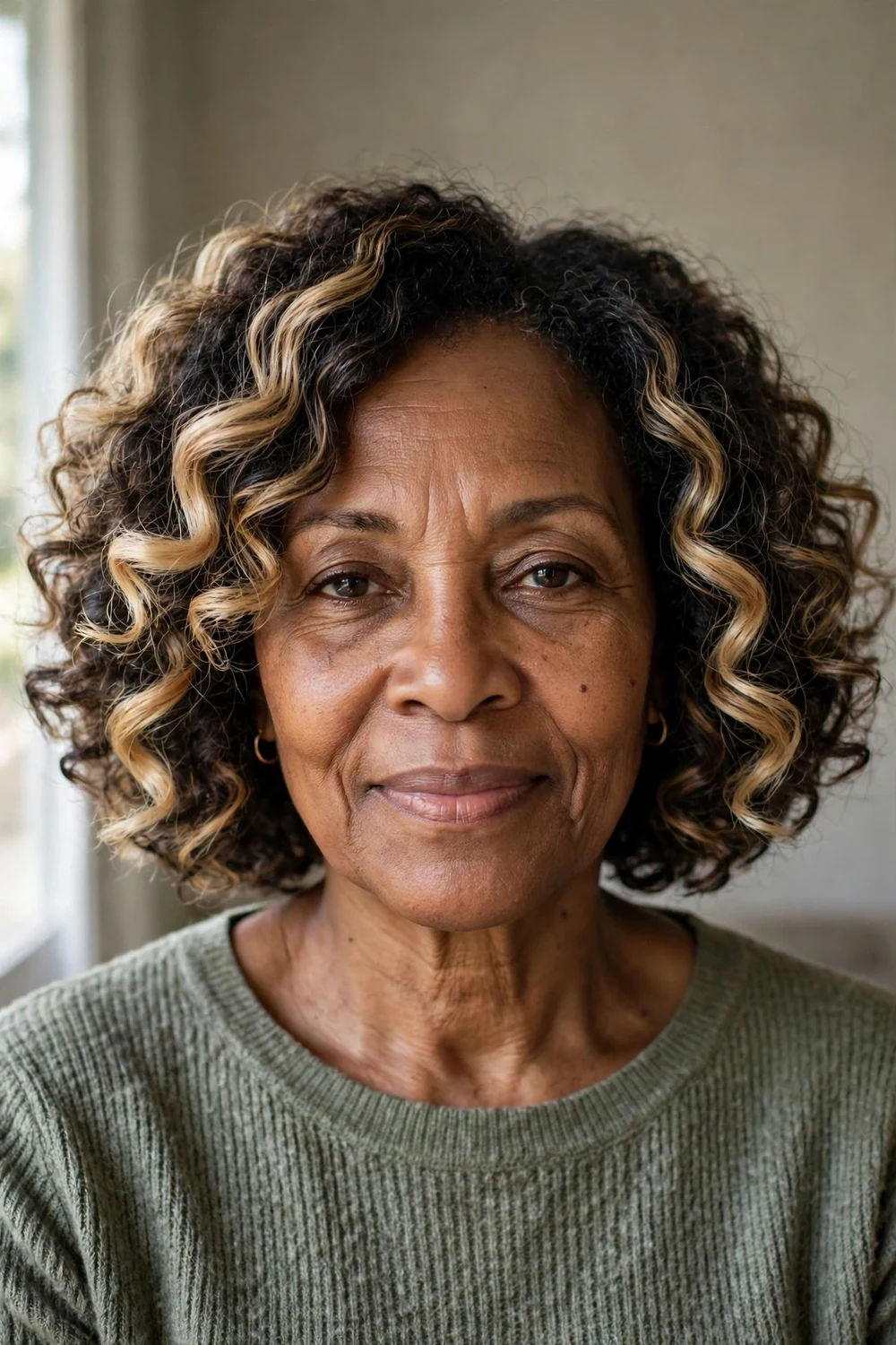 Curly bob with balayage on a woman over 50, painted blonde pieces defining curls