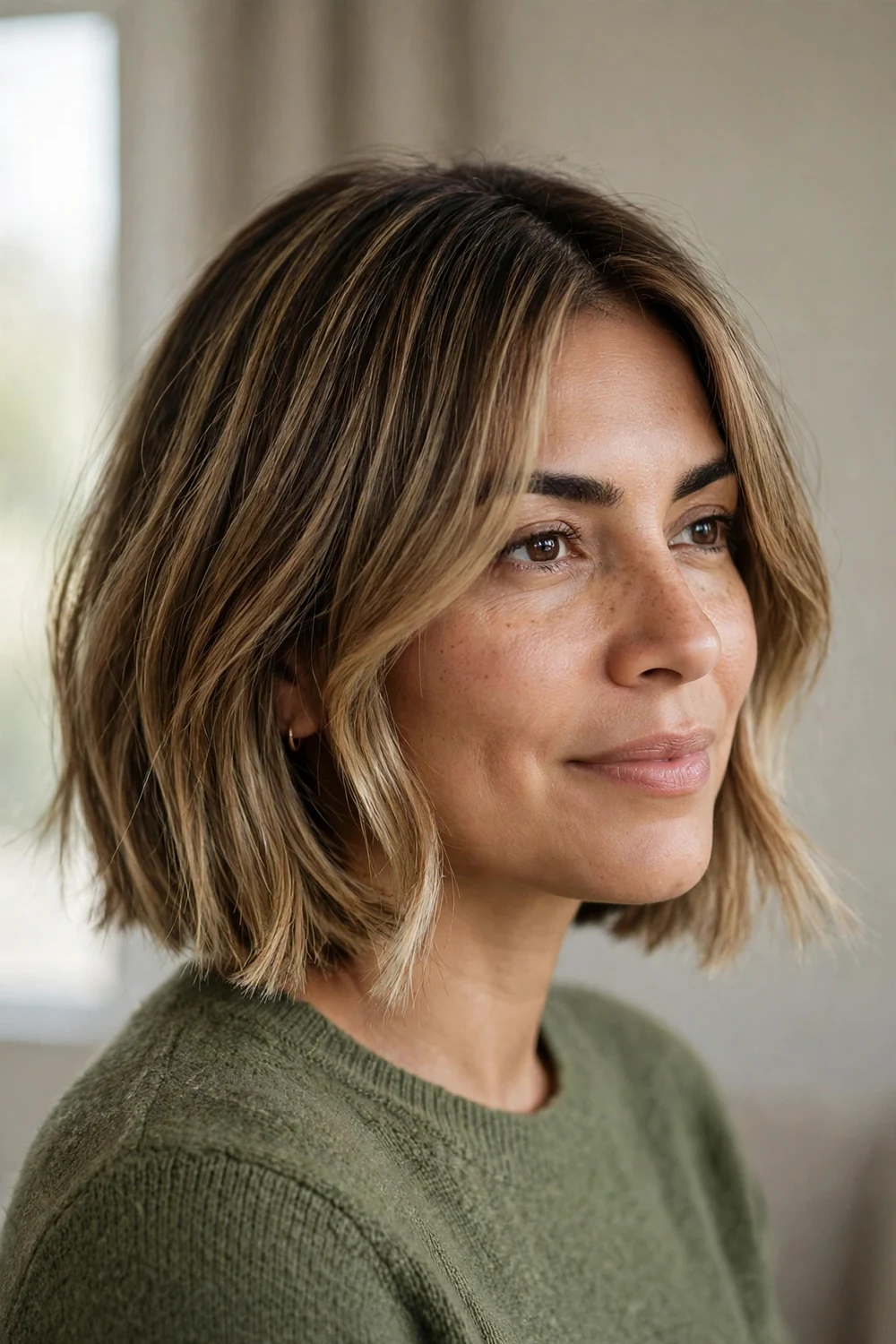 Balayage bob with curtain bangs on thin hair