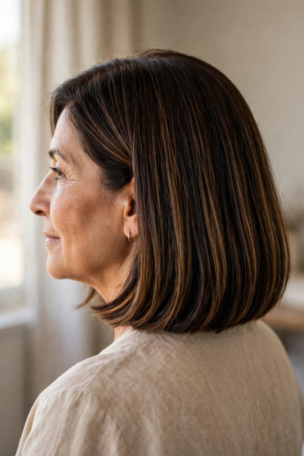 Dark chocolate balayage bob for women over 50, subtle caramel balayage on deep brown hair