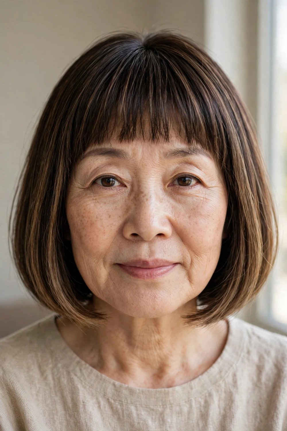 French bob with soft balayage on a woman over 50, jaw-length Parisian bob with subtle color