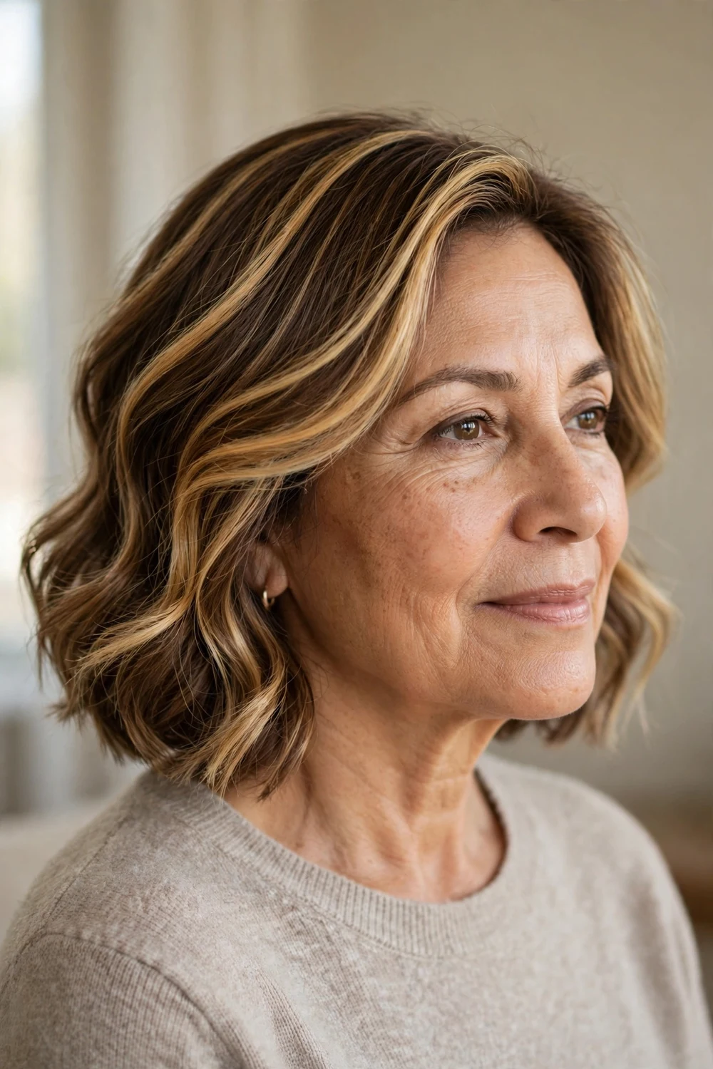 Golden balayage bob for women over 50 with warm sun-kissed blonde tones