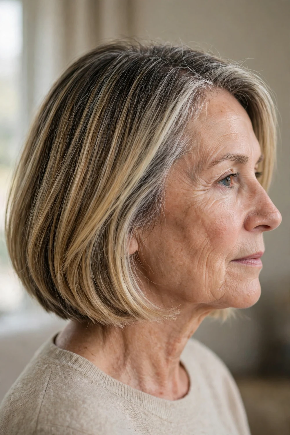 Gray blending balayage bob with root shadow on a woman over 50, soft regrowth blend