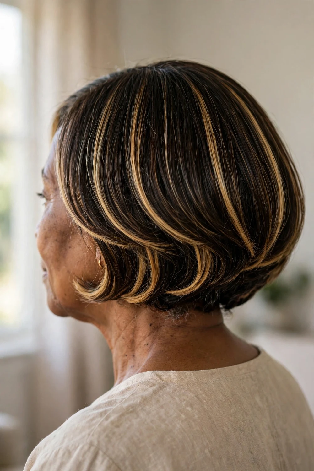Honey blonde balayage bob on a woman over 50, warm honey ribbons on a brunette base