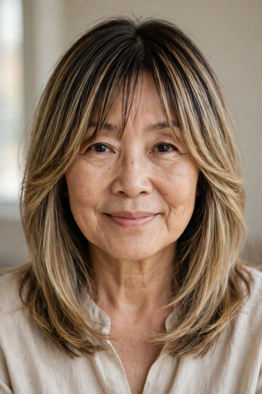 Balayage lob with bangs on a woman over 50, blonde balayage long bob with fringe