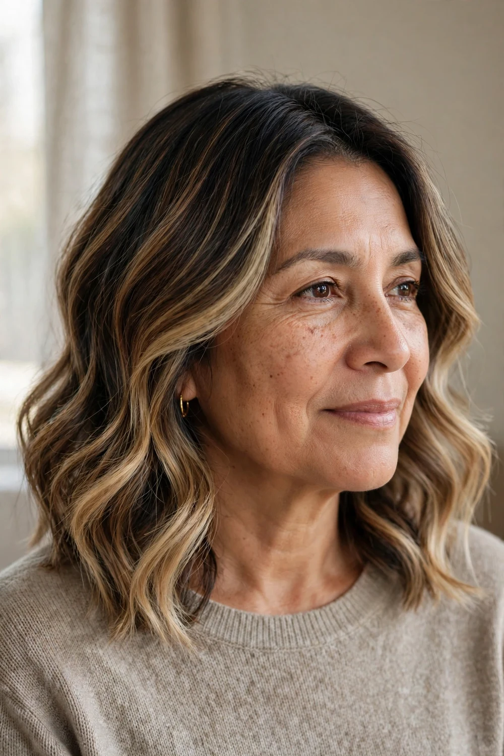 Long bob with dimensional balayage for women over 50, shoulder-length lob with painted dimension