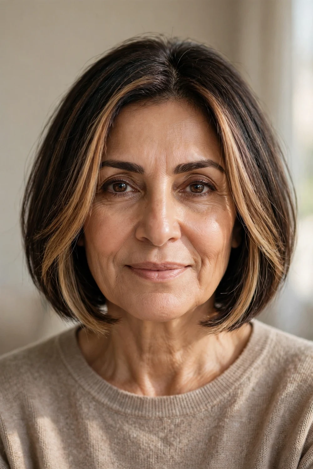 Bob with face-framing money piece balayage for women over 50, bright pieces around the face