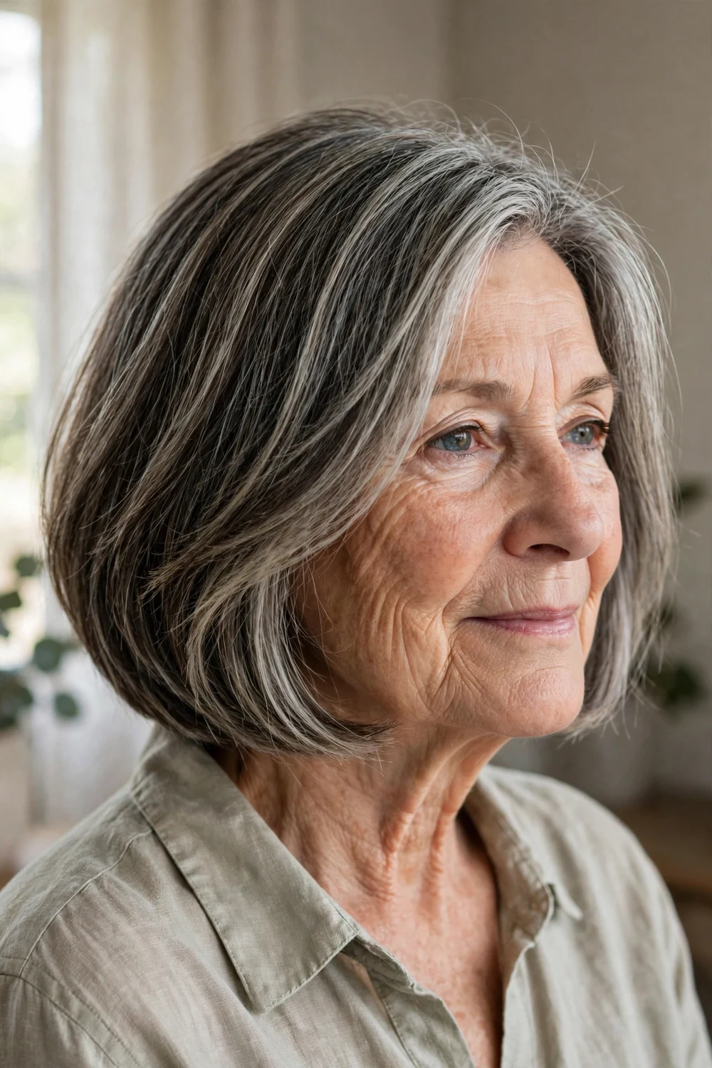 Salt and pepper blend balayage bob for women over 50, natural gray mixed with dark strands