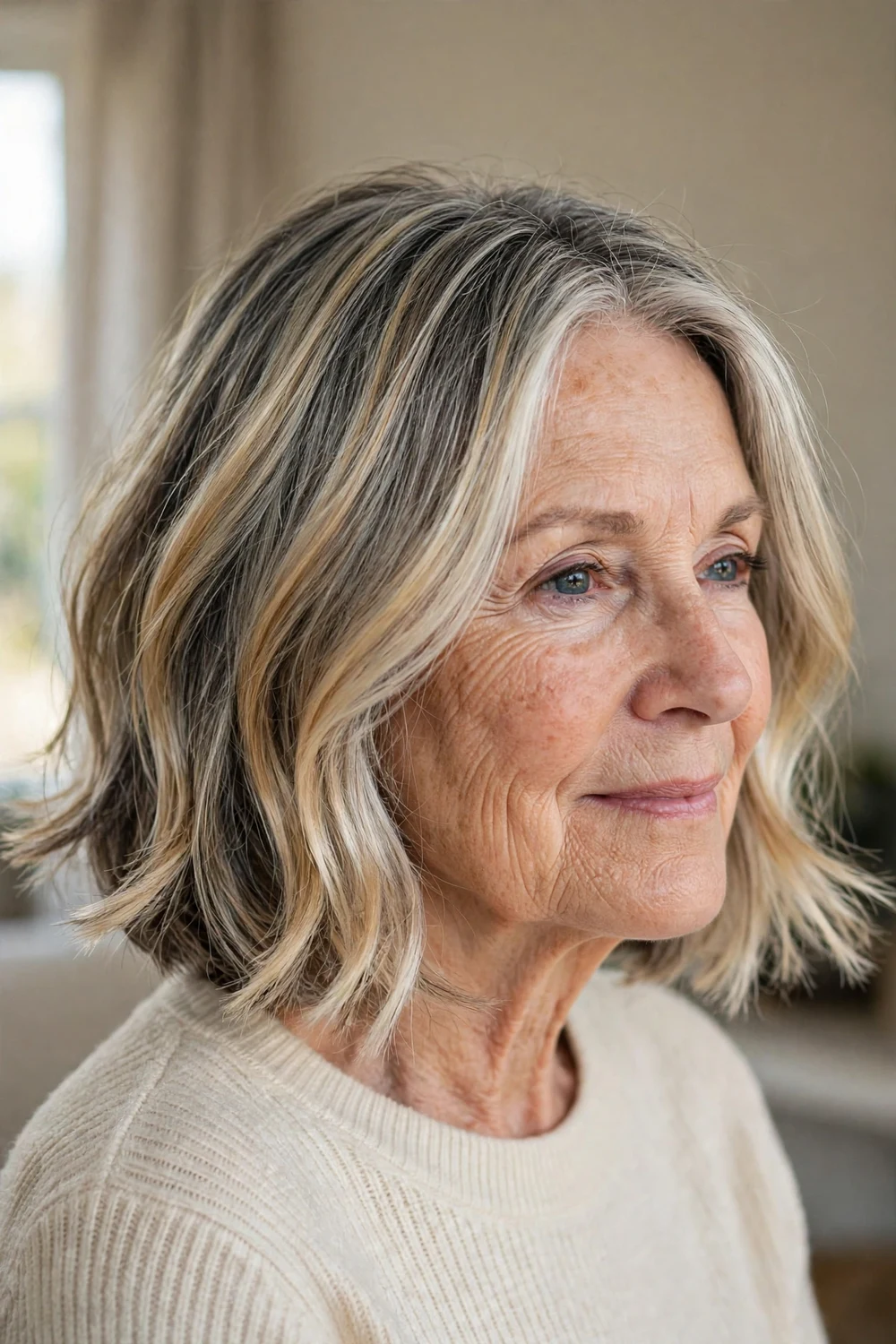 Feathered bob with silver balayage on a woman over 50, silver painted pieces through layered bob