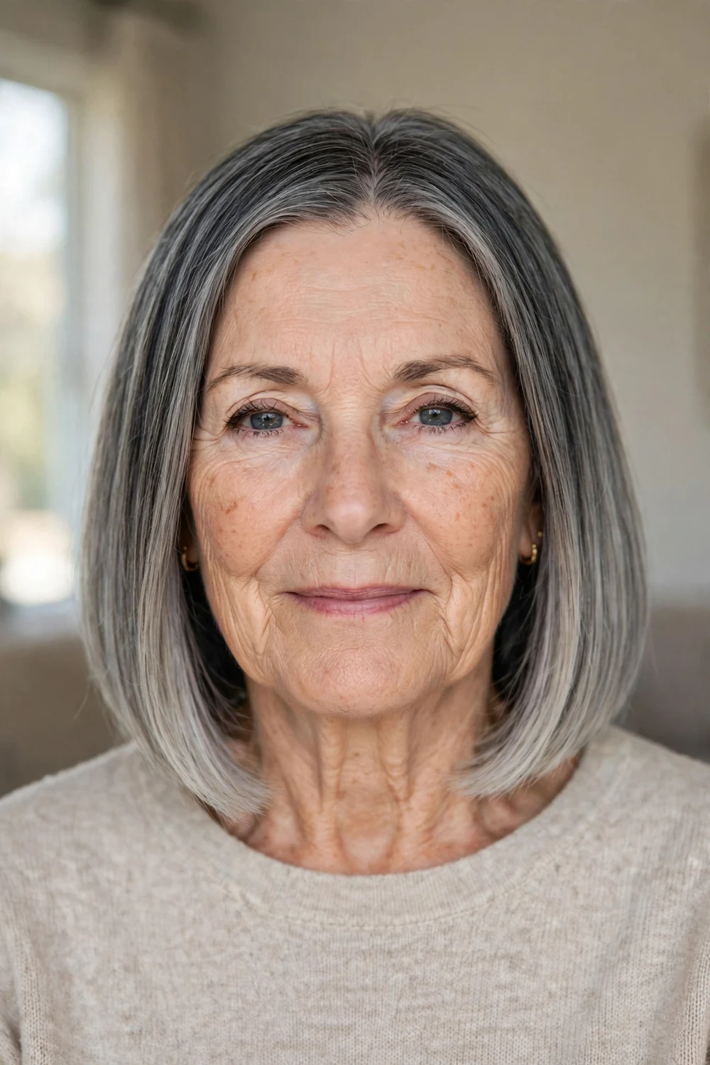 Smoky gray balayage bob on a woman over 50, cool gray painted color through bob