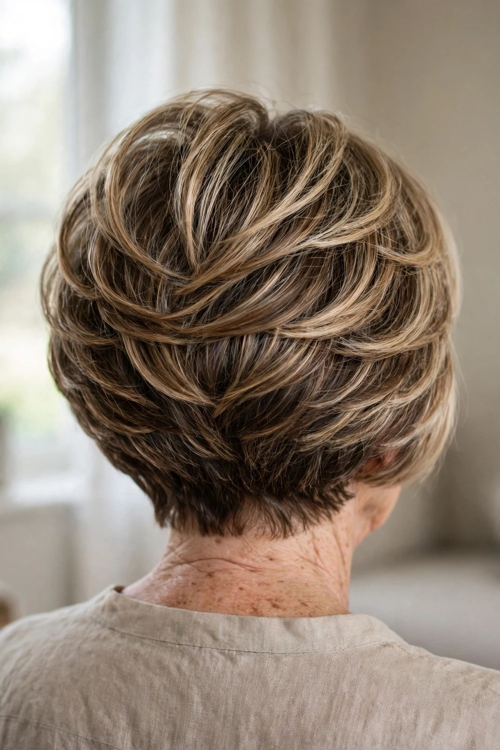 Stacked bob with dimensional balayage for women over 50, graduated layers with painted color