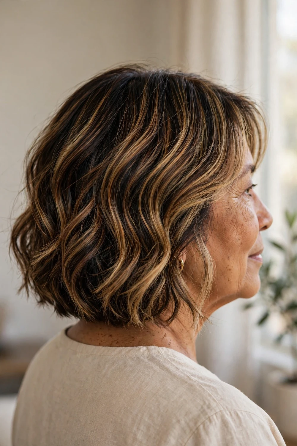 Tortoiseshell espresso balayage bob for women over 50, multi-tonal brown balayage