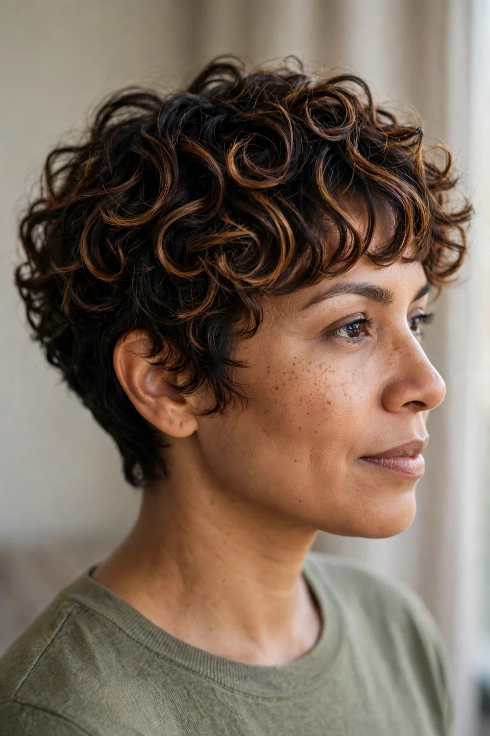 Balayage curly pixie with bangs and warm tones