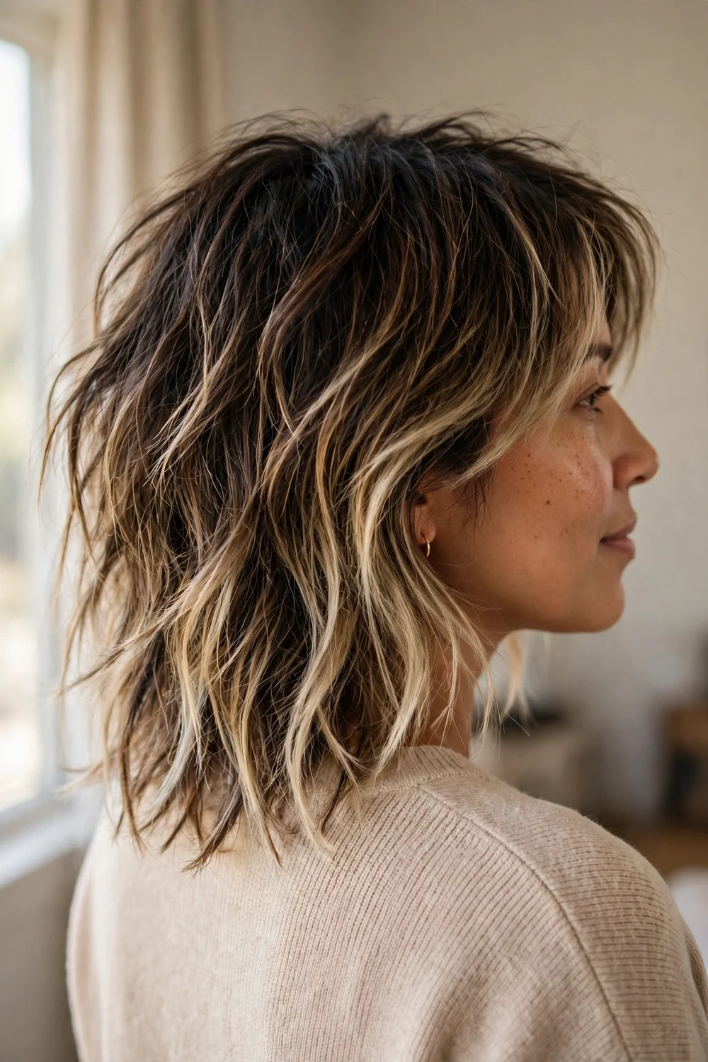 Choppy layered medium hair with dark roots and blonde balayage tips