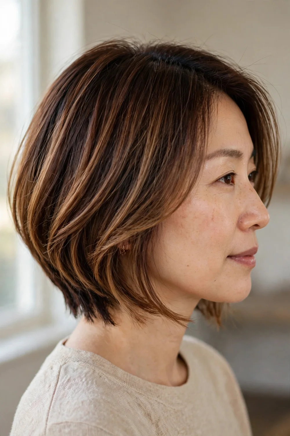 Medium angled bob with deep chestnut roots melting into toffee brown ends