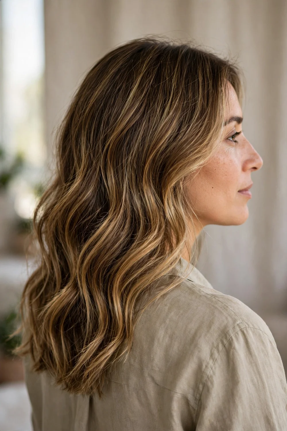 Sun-kissed golden balayage on wavy medium-length brown hair