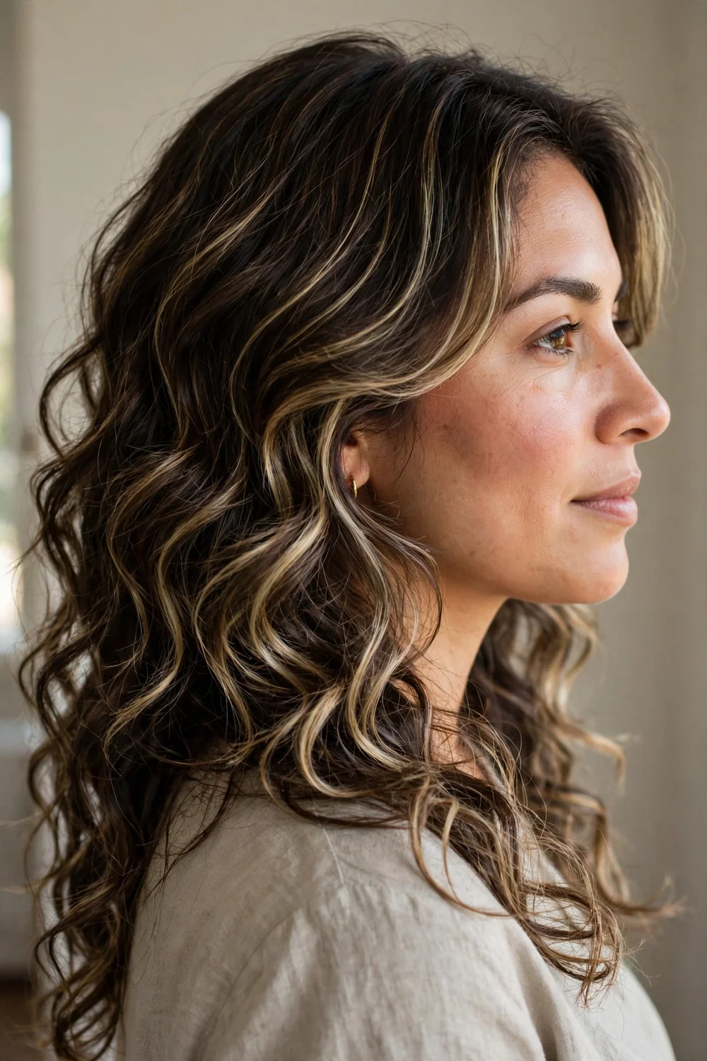 Dark brown layered medium hair with subtle blonde balayage highlights