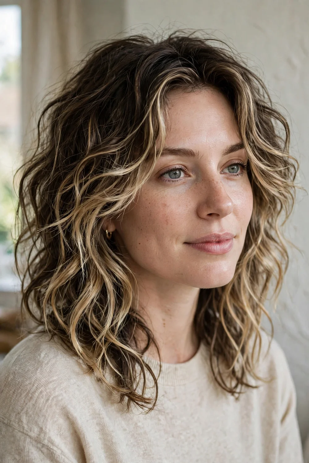 Long layered lob with blonde balayage on dark brown base