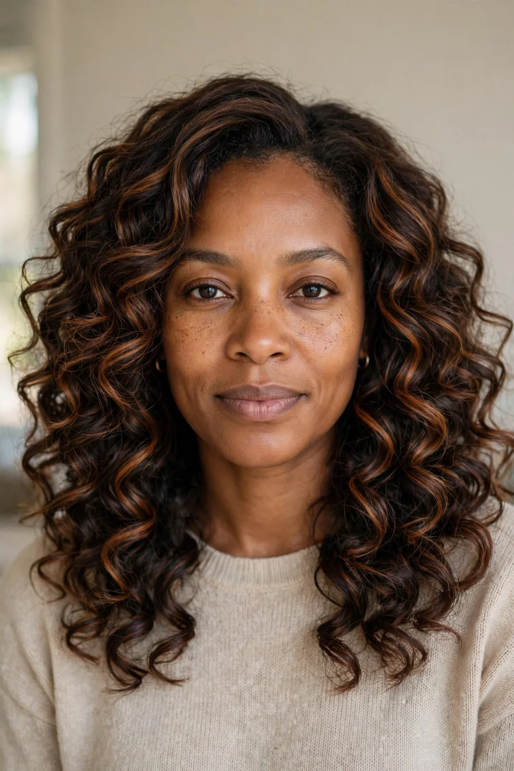 Cinnamon balayage stripes through curly medium-length brunette hair