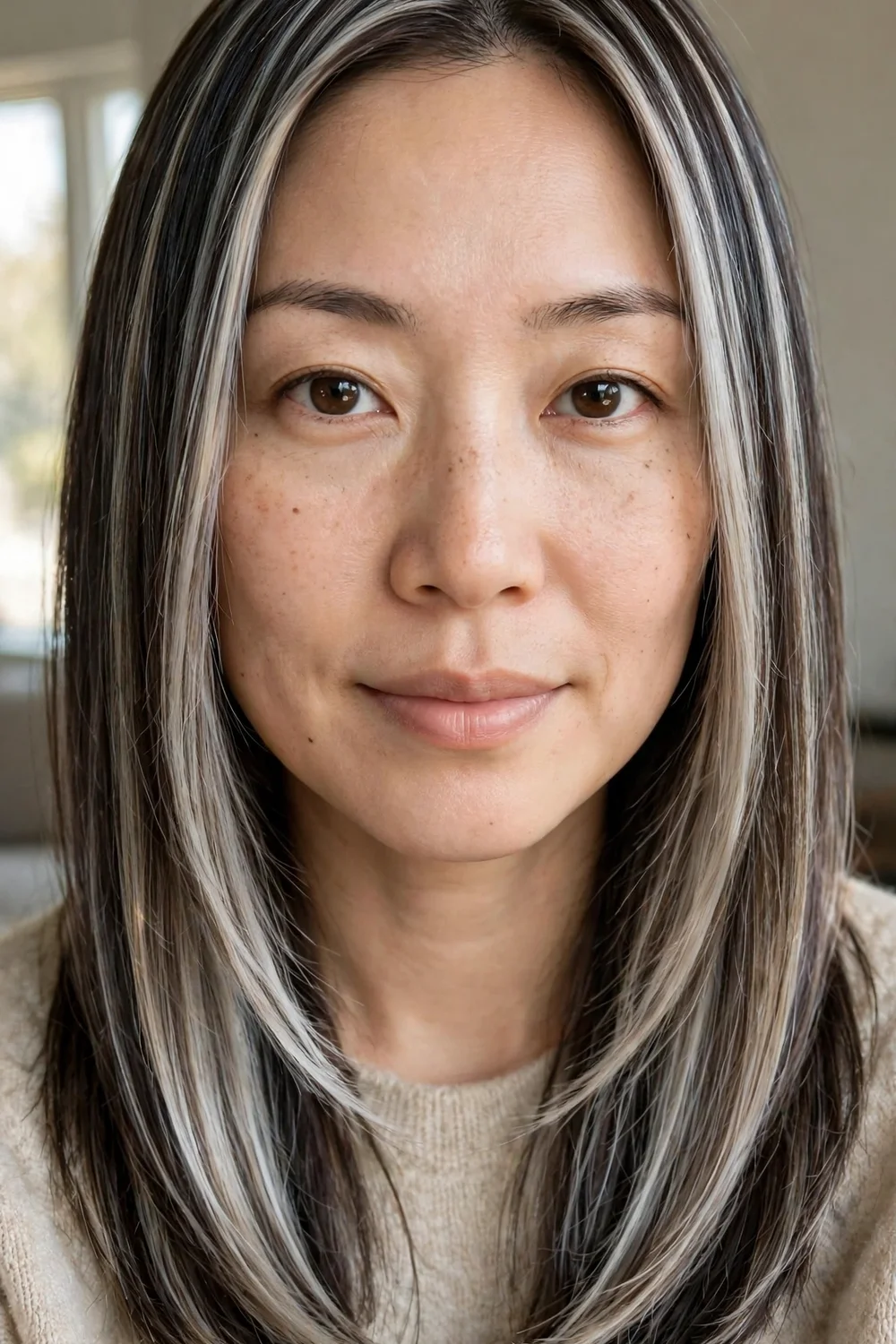Silver and platinum blonde balayage on straight medium-length hair