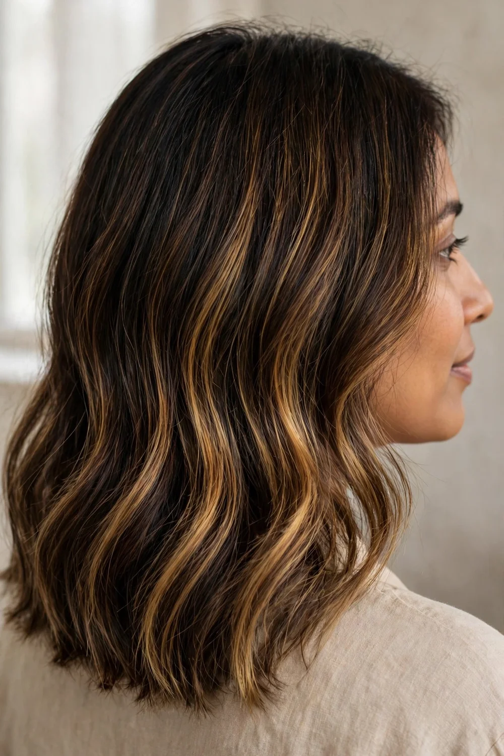 Golden balayage patches color-melted on dark medium-length hair
