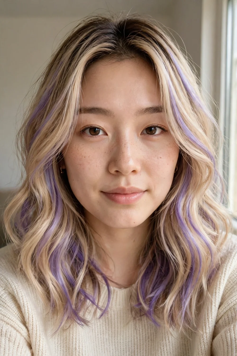 Pastel violet tones over blonde balayage on medium-length hair