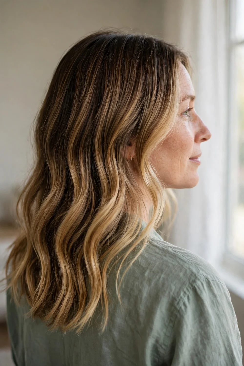 Dark root balayage with gradual blend to lighter ends on shoulder-length hair
