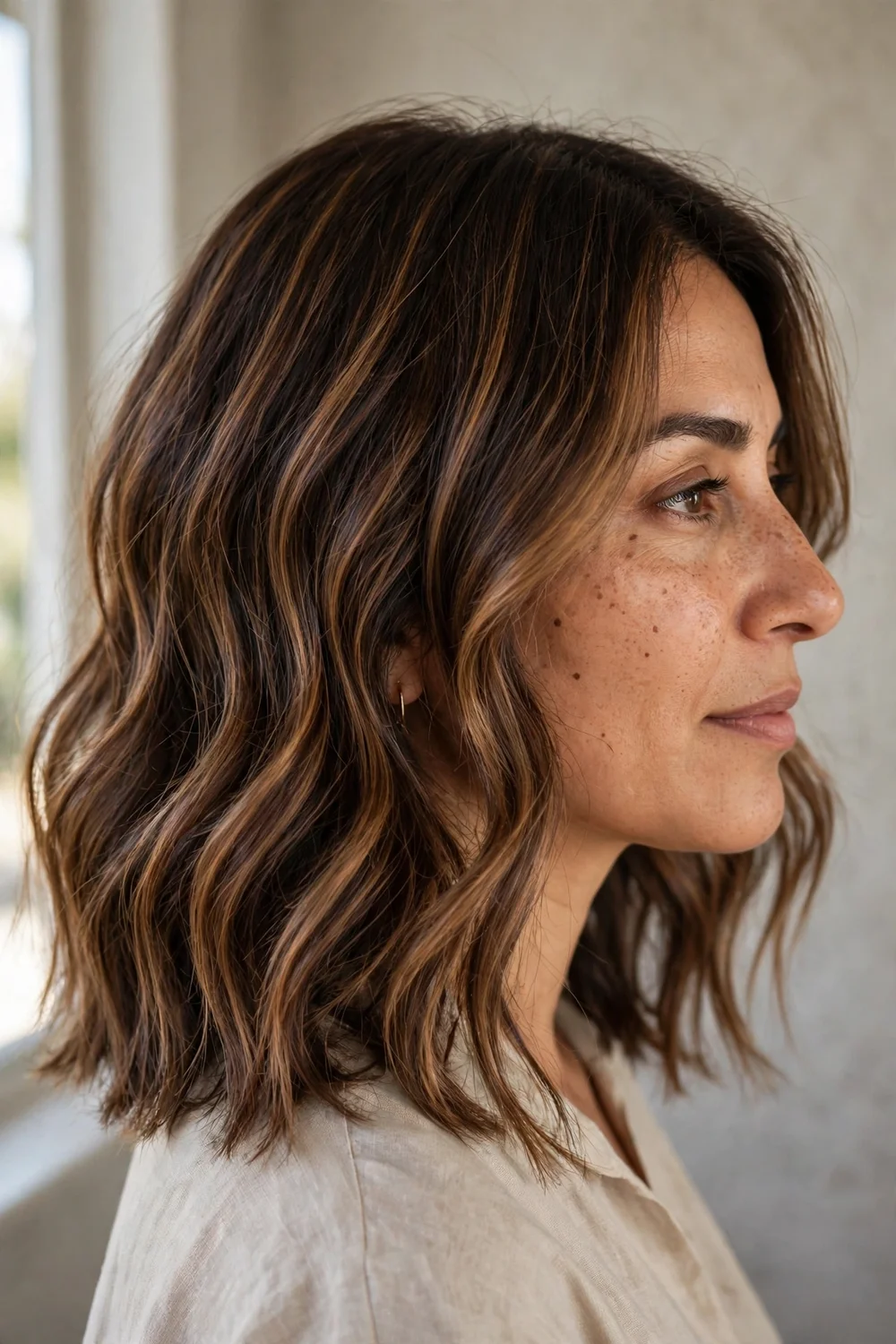 Caramel and mocha balayage tones on wavy medium-length hair